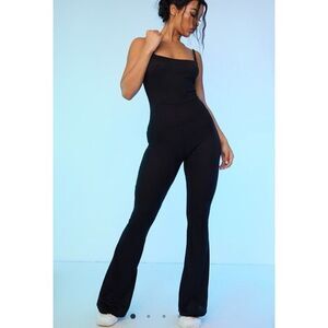 NEW PLT Black Ribbed Strappy Square Neck Flared Jumpsuit Streetwear Chic Medium